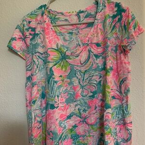 Lilly Pulitzer Teal Pink White V Neck Top Small Cotton S Excellent RARE HTF